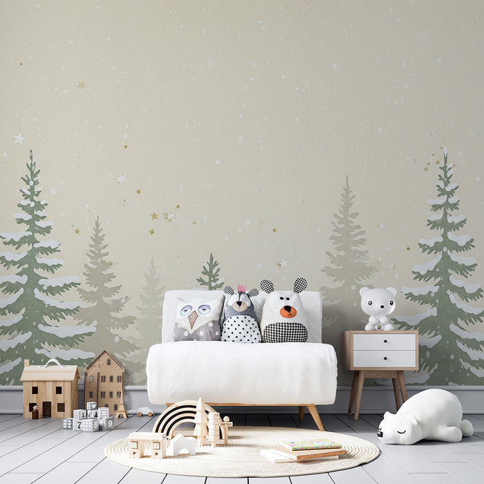 Papel de parede quarto bebê | Floresta nevada com estrelas douradas