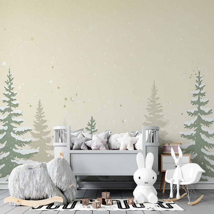 Papel de parede quarto bebê | Floresta nevada com estrelas douradas