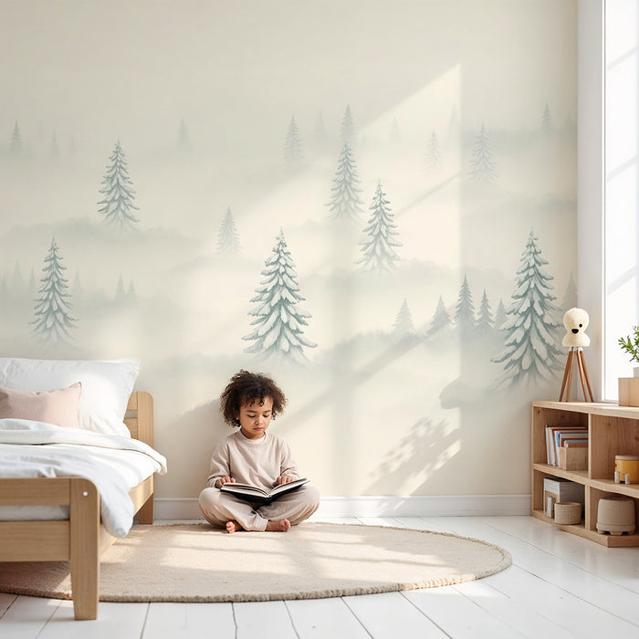 Nursery room wallpaper | Snowy forest in the soft mist