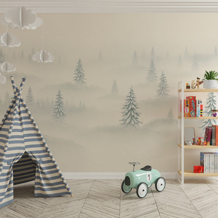 Nursery room wallpaper | Snowy forest in the soft mist