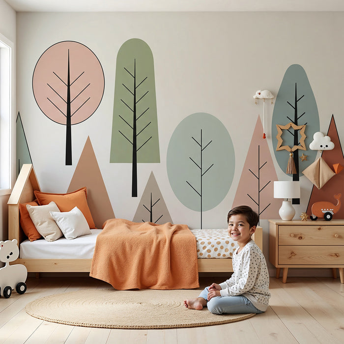 Babyzimmer Tapete | Grafischer Wald mit bunten Bäumen