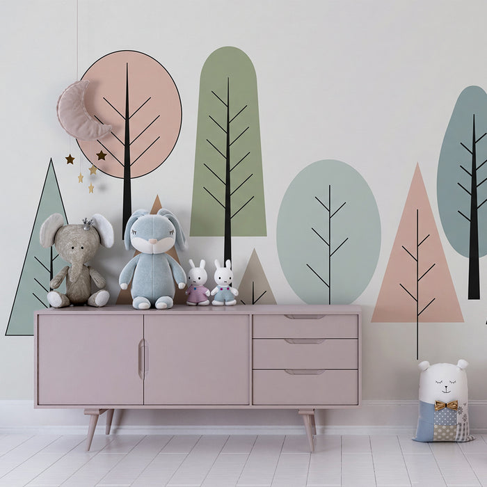 Babyzimmer Tapete | Grafischer Wald mit bunten Bäumen
