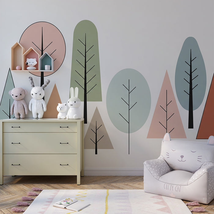 Babyzimmer Tapete | Grafischer Wald mit bunten Bäumen
