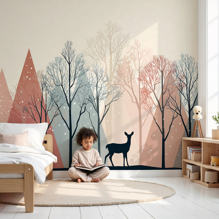 Papel pintado infantil | Bosque invernal y fauna apacible