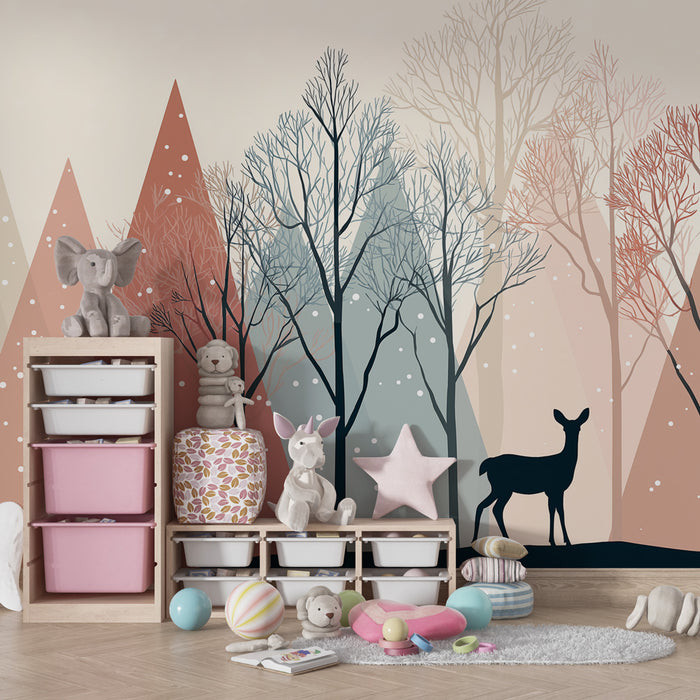 Papel pintado infantil | Bosque invernal y fauna apacible