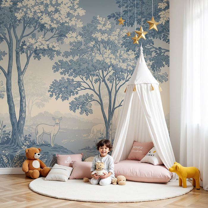 Papel pintado habitación bebé | Bosque tranquilo con animales y follaje delicado
