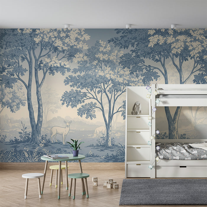 Papel pintado habitación bebé | Bosque tranquilo con animales y follaje delicado