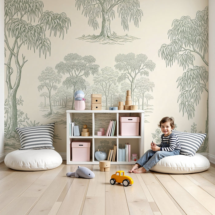 Papier peint chambre bébé | Forêt paisible avec arbres et feuillage délicat