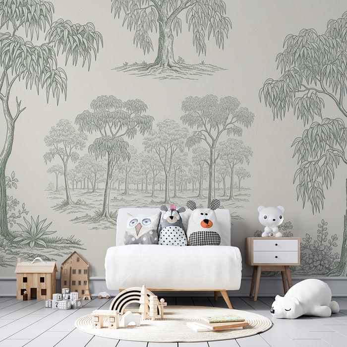 Papier peint chambre bébé | Forêt paisible avec arbres et feuillage délicat