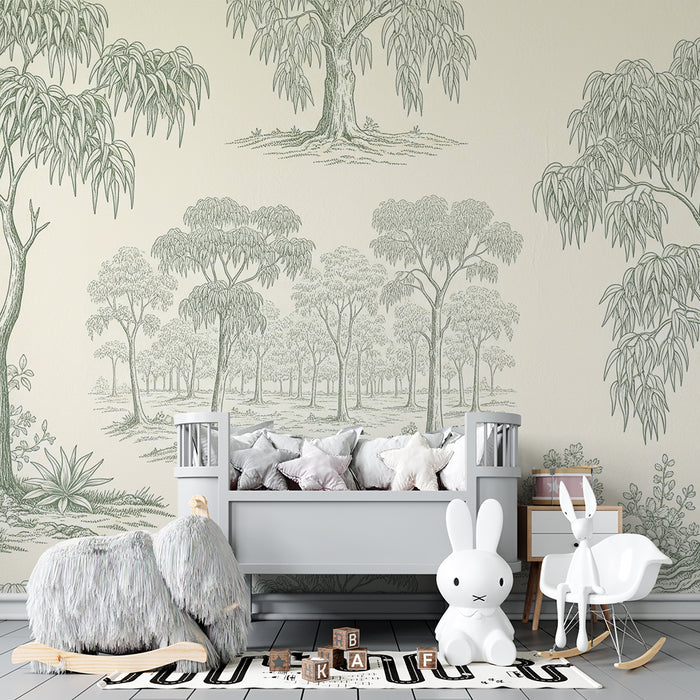 Papier peint chambre bébé | Forêt paisible avec arbres et feuillage délicat