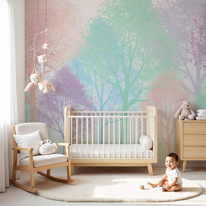 Babykamer behang | Pastelbos met kleurrijke bomen