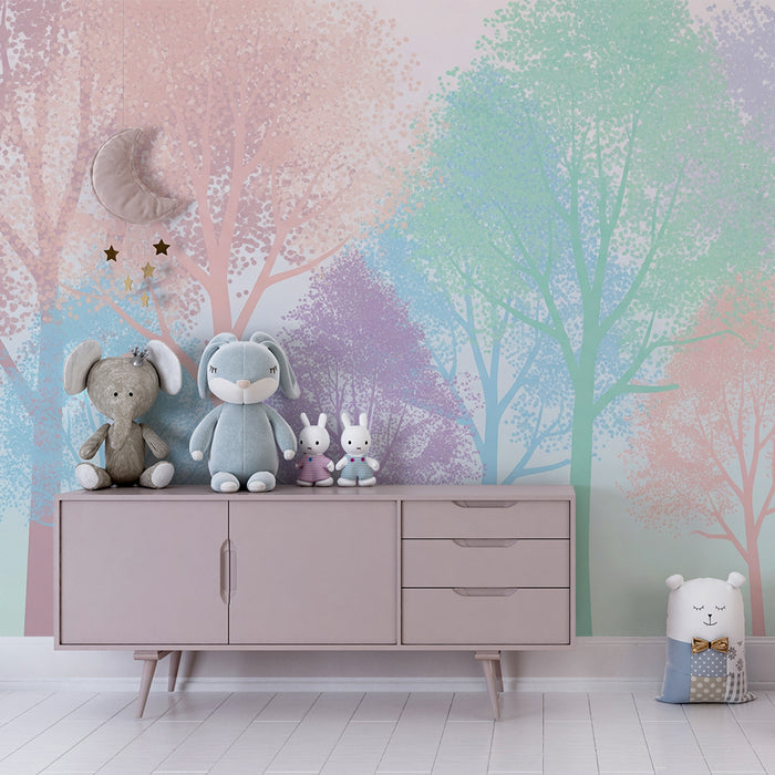 Babykamer behang | Pastelbos met kleurrijke bomen
