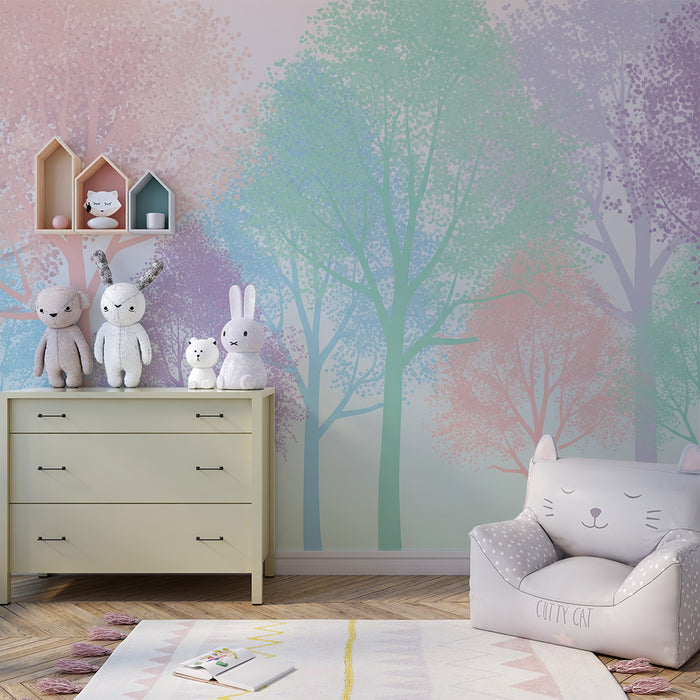 Babykamer behang | Pastelbos met kleurrijke bomen