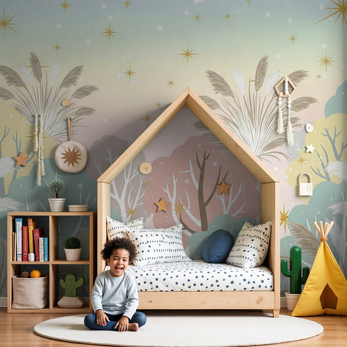 Lastenhuoneen tapetti | Vaaleanpastellinen tähtimetsä herkällä lehtikuvioinnilla