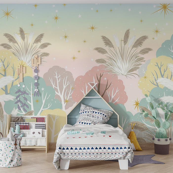 Lastenhuoneen tapetti | Vaaleanpastellinen tähtimetsä herkällä lehtikuvioinnilla
