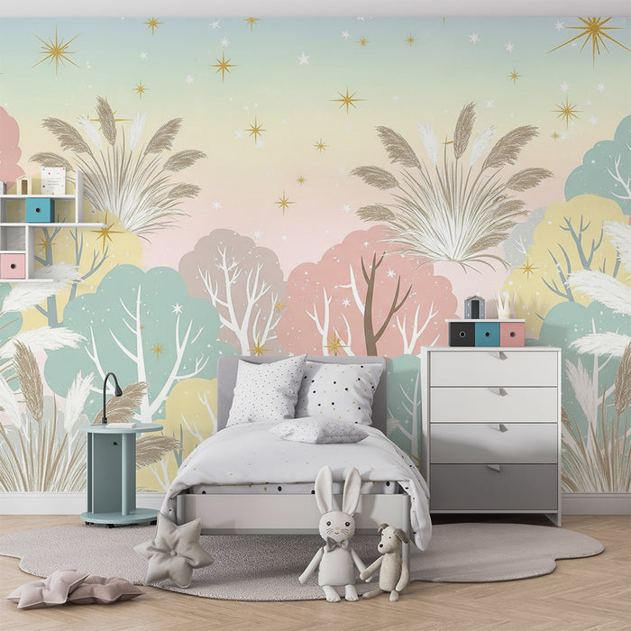 Lastenhuoneen tapetti | Vaaleanpastellinen tähtimetsä herkällä lehtikuvioinnilla