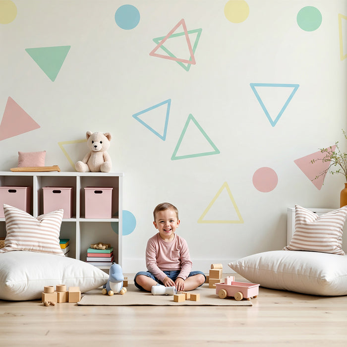 Barntapet | Färgglada geometriska former på mjuk bakgrund