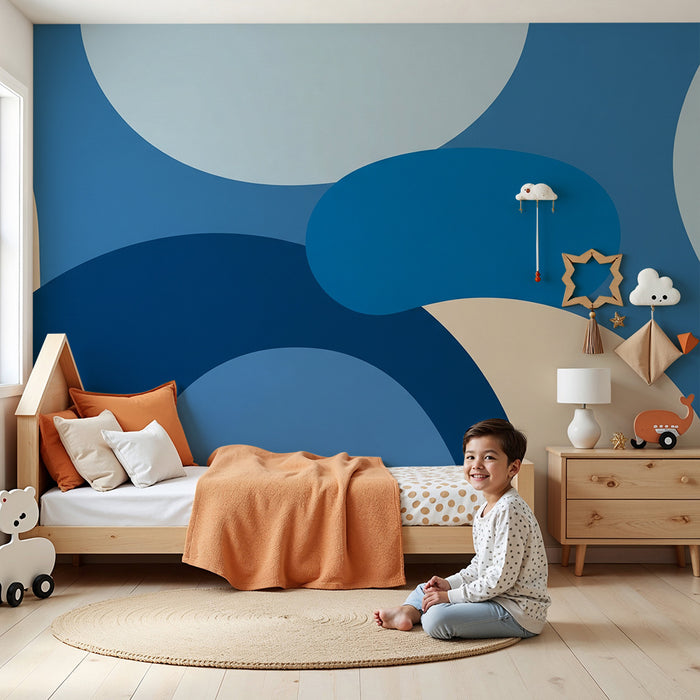Papel de parede quarto bebê | Suaves formas geométricas em tons de azul