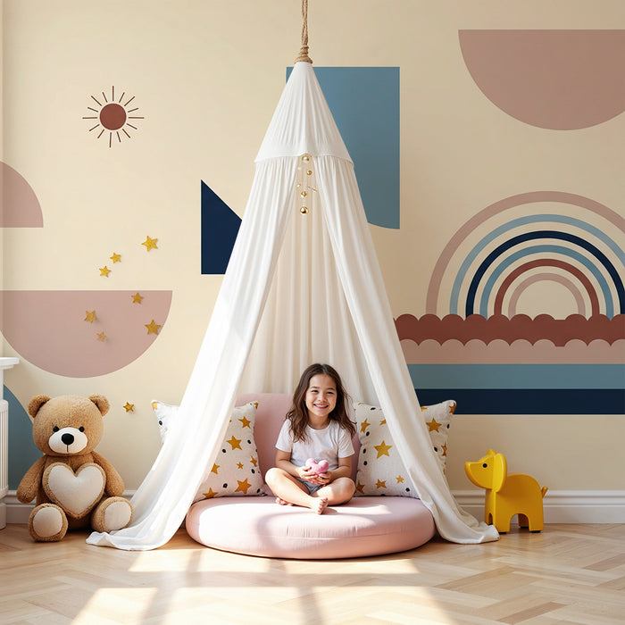 Papel de parede para quarto de bebé | Formas geométricas suaves e arco-íris colorido
