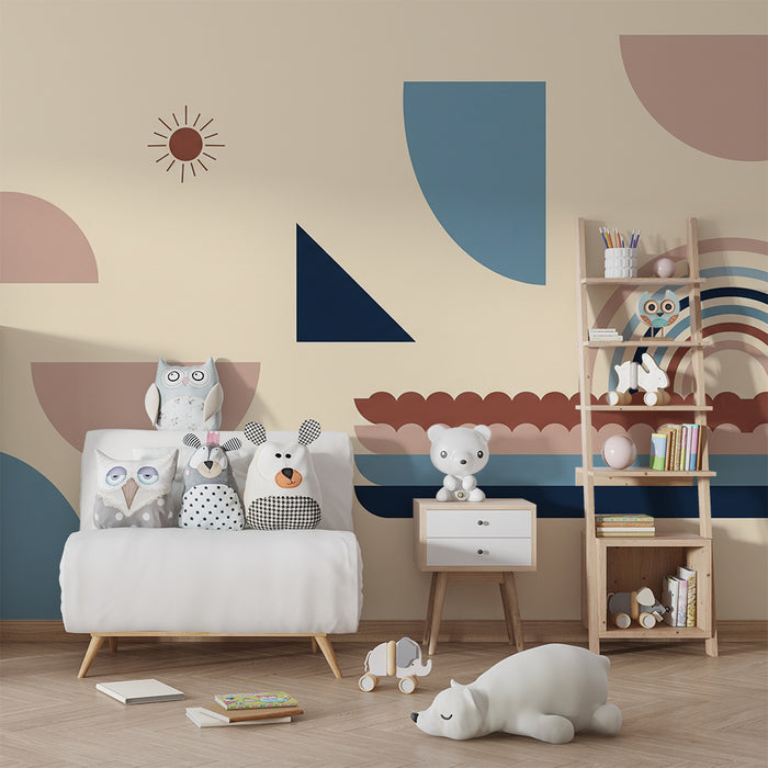 Papel de parede para quarto de bebé | Formas geométricas suaves e arco-íris colorido