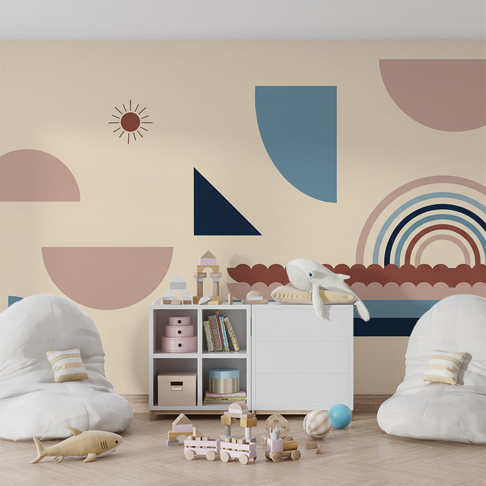 Papel de parede para quarto de bebé | Formas geométricas suaves e arco-íris colorido