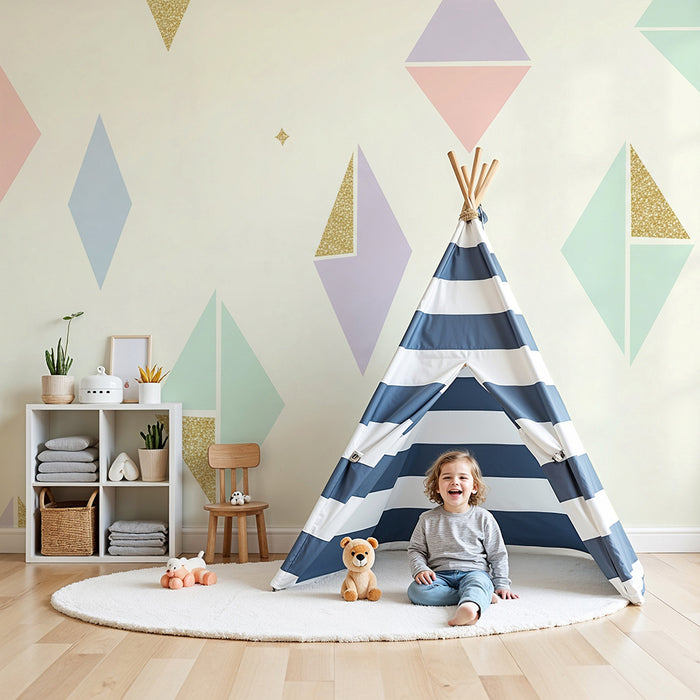Lastenhuoneen tapetti | Pastelliset geometriset muodot kultaisilla kohokohdilla
