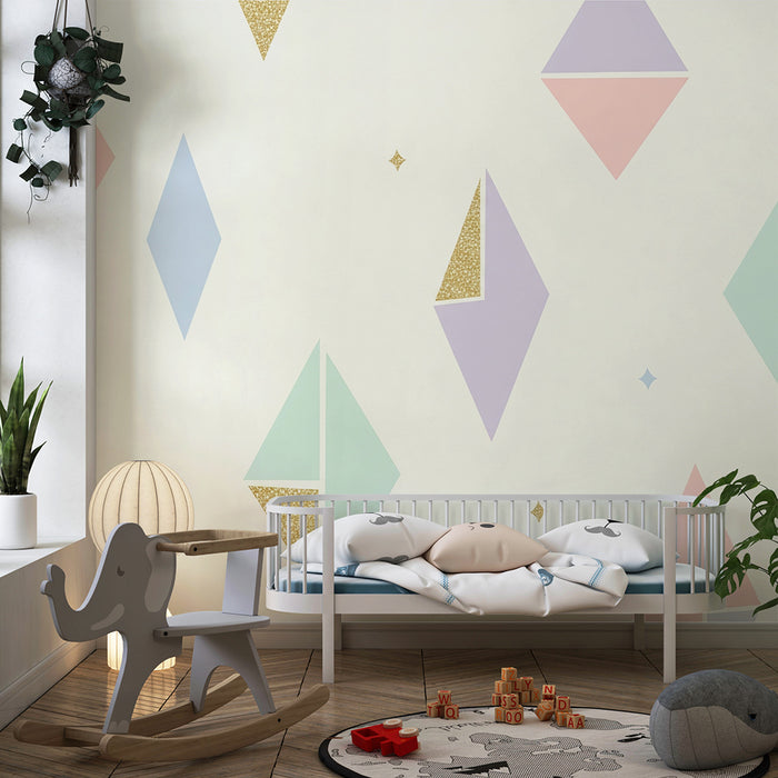 Lastenhuoneen tapetti | Pastelliset geometriset muodot kultaisilla kohokohdilla