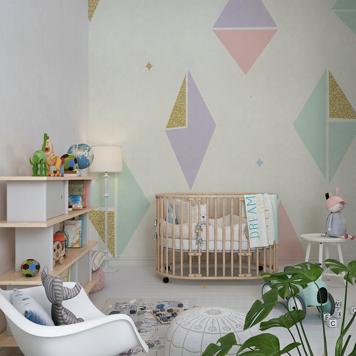 Lastenhuoneen tapetti | Pastelliset geometriset muodot kultaisilla kohokohdilla
