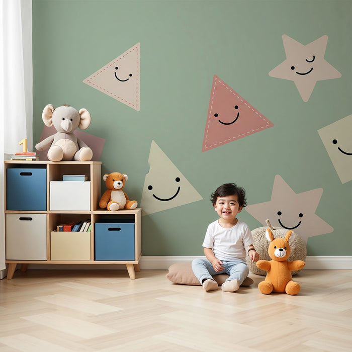 Barntapet | Leende geometriska former på pastellfärgad bakgrund