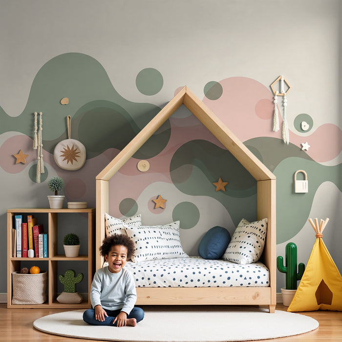 Papel de parede quarto bebê | Formas orgânicas em tons suaves de verde e rosa