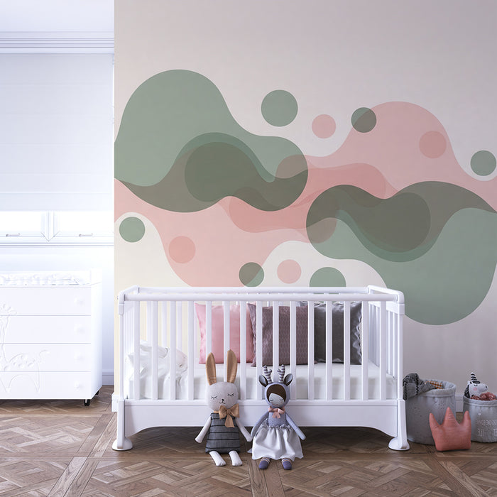 Papel de parede quarto bebê | Formas orgânicas em tons suaves de verde e rosa