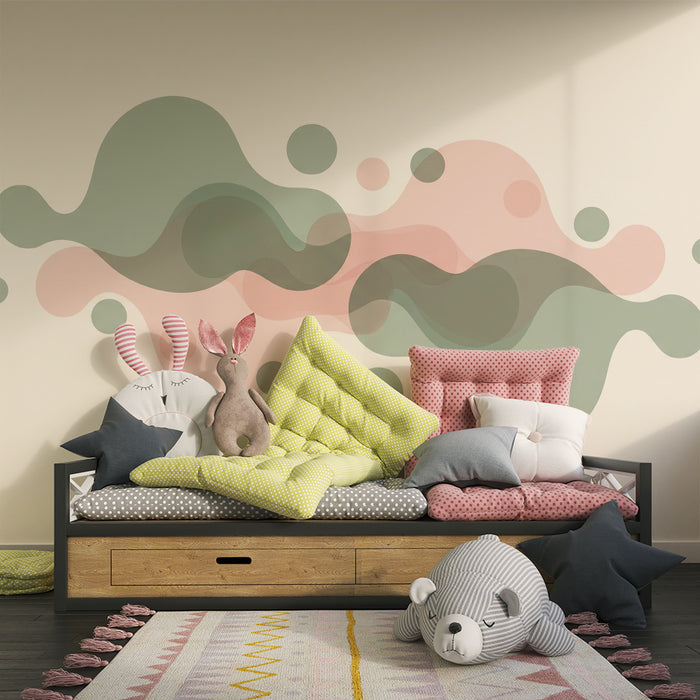 Papel de parede quarto bebê | Formas orgânicas em tons suaves de verde e rosa