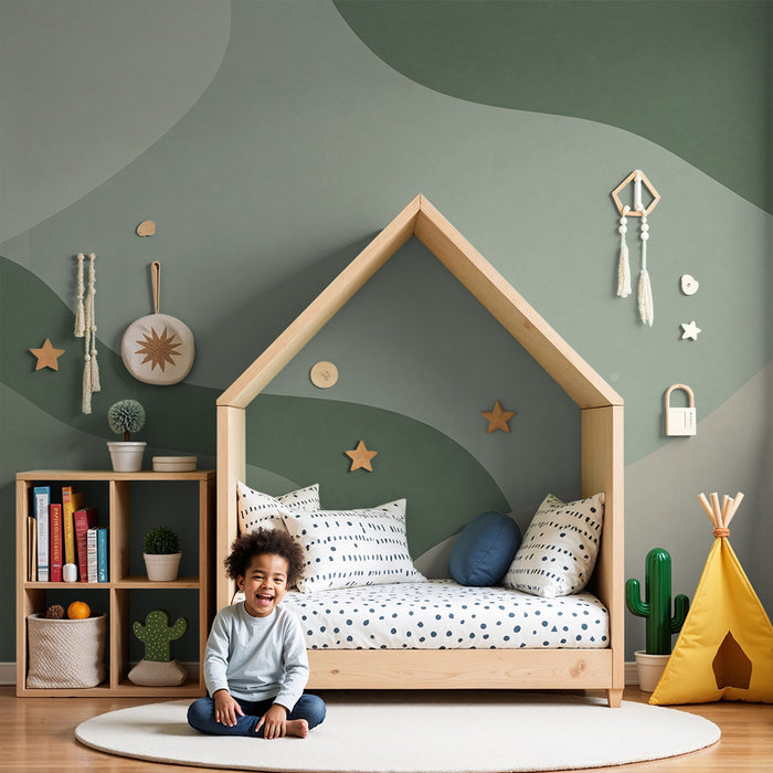 Papel de parede para quarto de bebé | Formas orgânicas em verde e bege