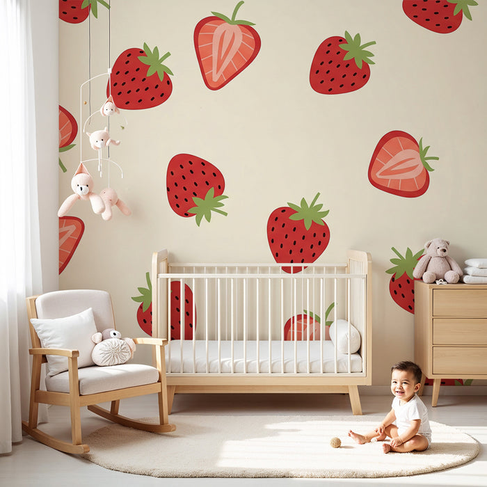 Barntapet | Färgglada jordgubbar på krämig bakgrund