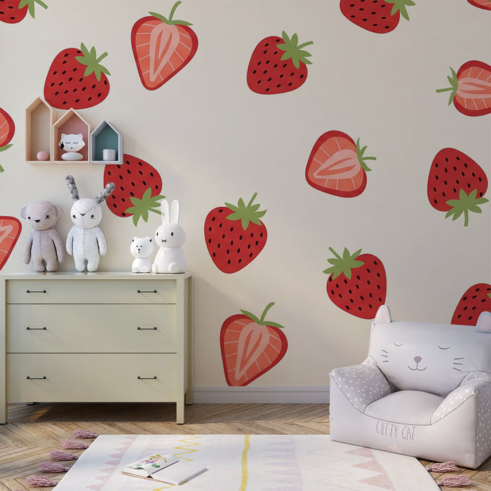 Barntapet | Färgglada jordgubbar på krämig bakgrund