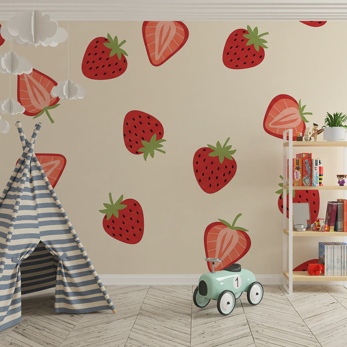 Barntapet | Färgglada jordgubbar på krämig bakgrund