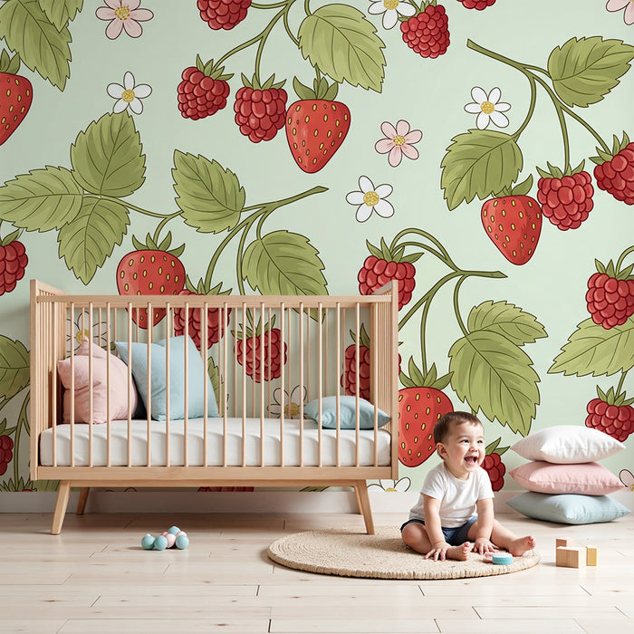 Barntapet | Jordgubbar och hallon på pastellfond