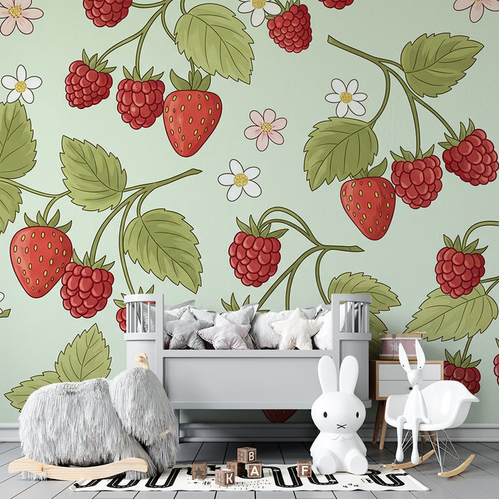 Barntapet | Jordgubbar och hallon på pastellfond