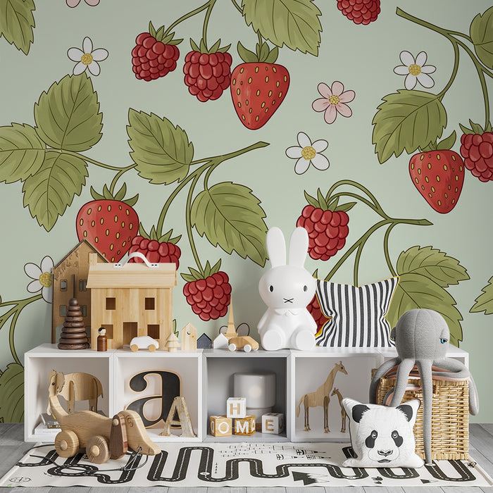 Barntapet | Jordgubbar och hallon på pastellfond