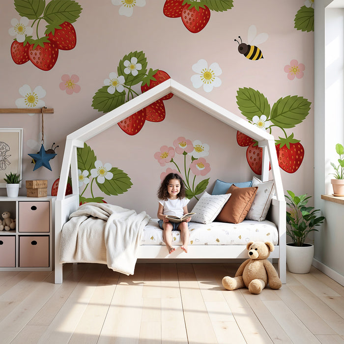 Nursery room wallpaper | Juicy strawberries and bees on a pink background