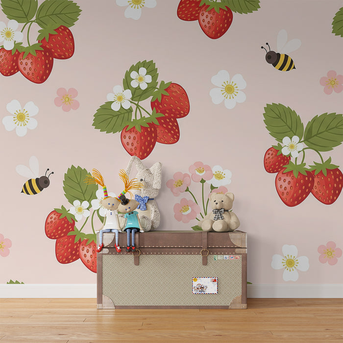 Nursery room wallpaper | Juicy strawberries and bees on a pink background