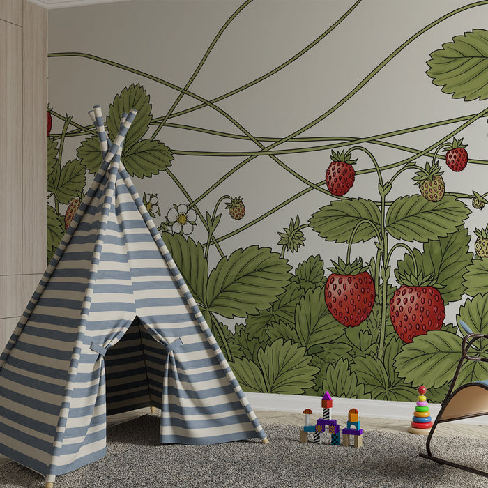 Papel pintado para habitación infantil | Fresas jugosas y follaje frondoso