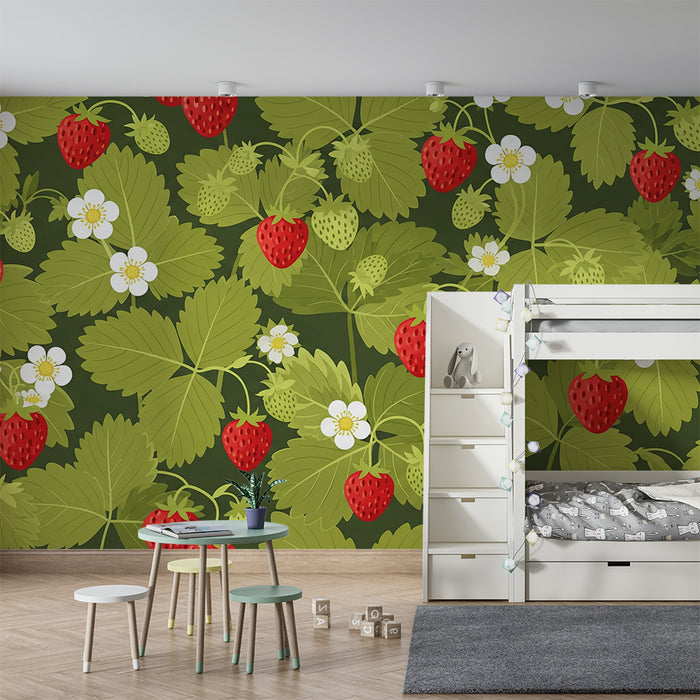 Barnrumspapper | Saftiga jordgubbar och vita blommor på grön botten
