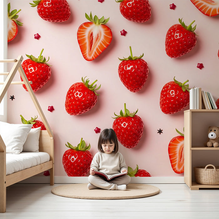 Nursery room wallpaper | Lédús rózsaszín alapon érett eperfalatkák