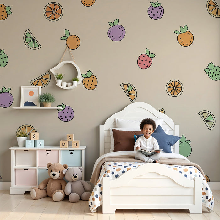 Papel pintado para habitación infantil | Frutas coloridas sobre fondo suave