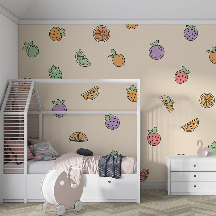 Papel pintado para habitación infantil | Frutas coloridas sobre fondo suave