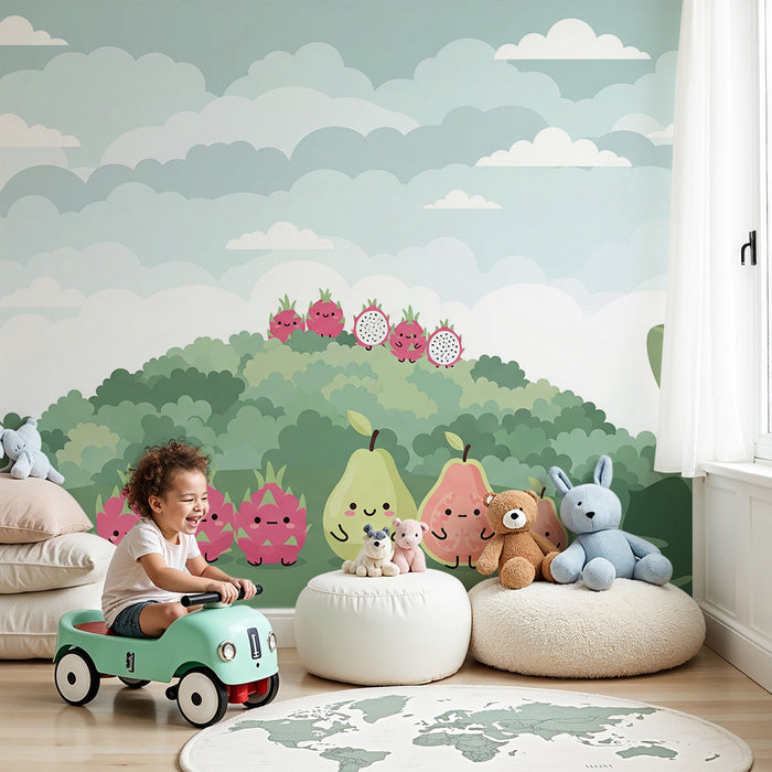 Papel de parede para quarto de bebé | Frutas adoráveis e selva tropical