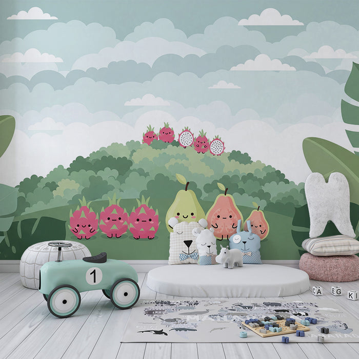 Papel de parede para quarto de bebé | Frutas adoráveis e selva tropical
