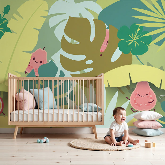 Babyzimmer Tapete | Lächelnde Früchte und bunte Tropenblätter