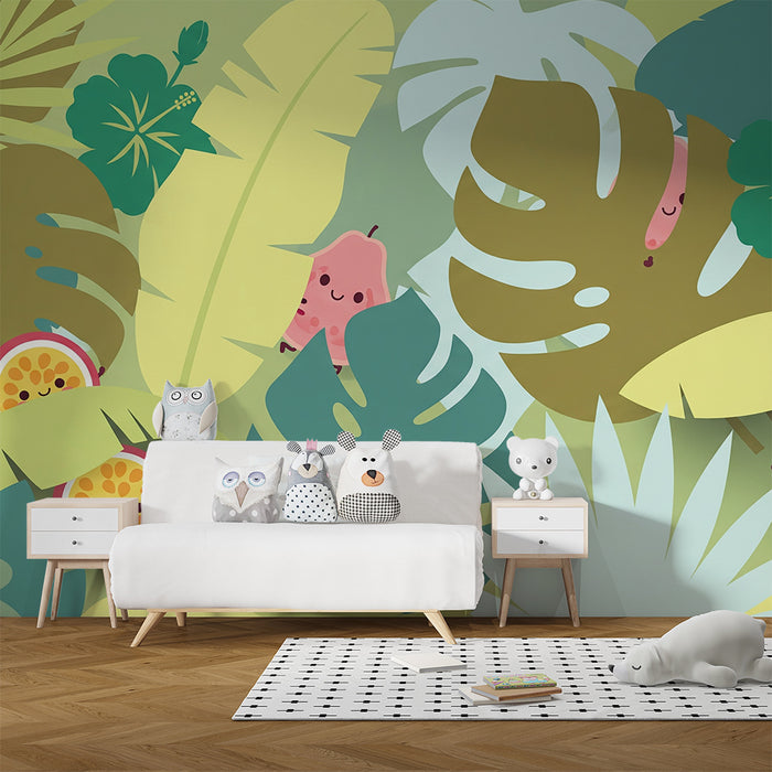 Babyzimmer Tapete | Lächelnde Früchte und bunte Tropenblätter